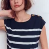 Button Detail T-Shirt Navy and Ivory Stripe Button Detail T-Shirt Navy and Ivory Stripe