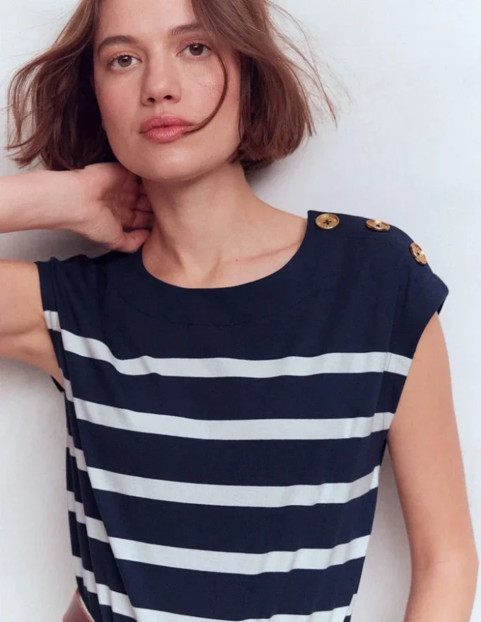 Button Detail T-Shirt Navy and Ivory Stripe Button Detail T-Shirt Navy and Ivory Stripe