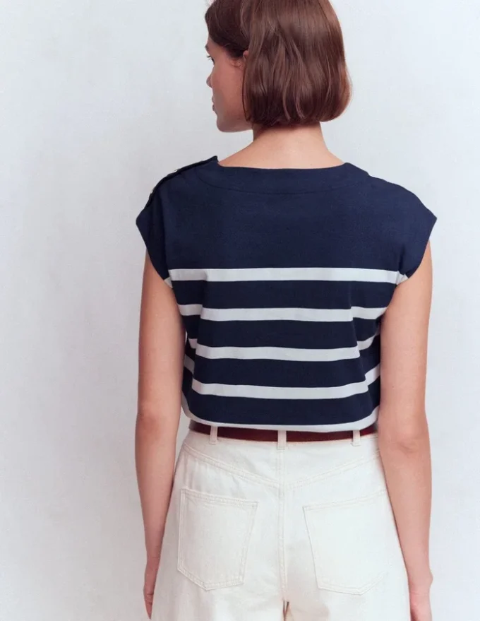 Button Detail T-Shirt Navy and Ivory Stripe Button Detail T-Shirt Navy and Ivory Stripe