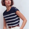 Button Detail T-Shirt Navy and Ivory Stripe Button Detail T-Shirt Navy and Ivory Stripe