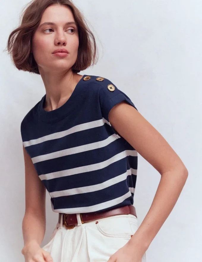 Button Detail T-Shirt Navy and Ivory Stripe Button Detail T-Shirt Navy and Ivory Stripe