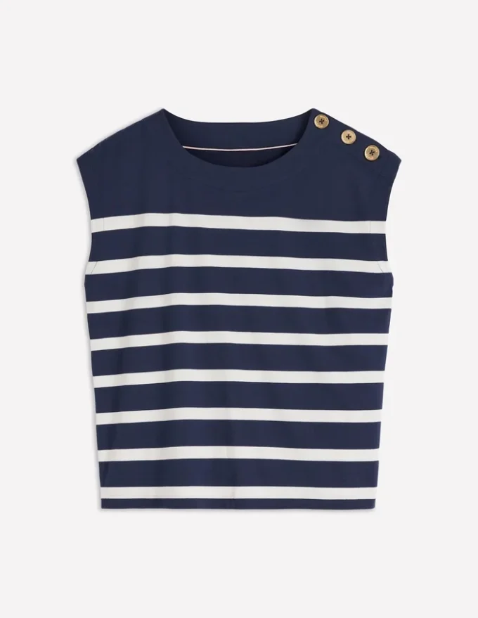 Button Detail T-Shirt Navy and Ivory Stripe Button Detail T-Shirt Navy and Ivory Stripe