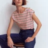 Button Detail T-Shirt Pink Peony, Raw Umber Stripe Button Detail T-Shirt Pink Peony, Raw Umber Stripe