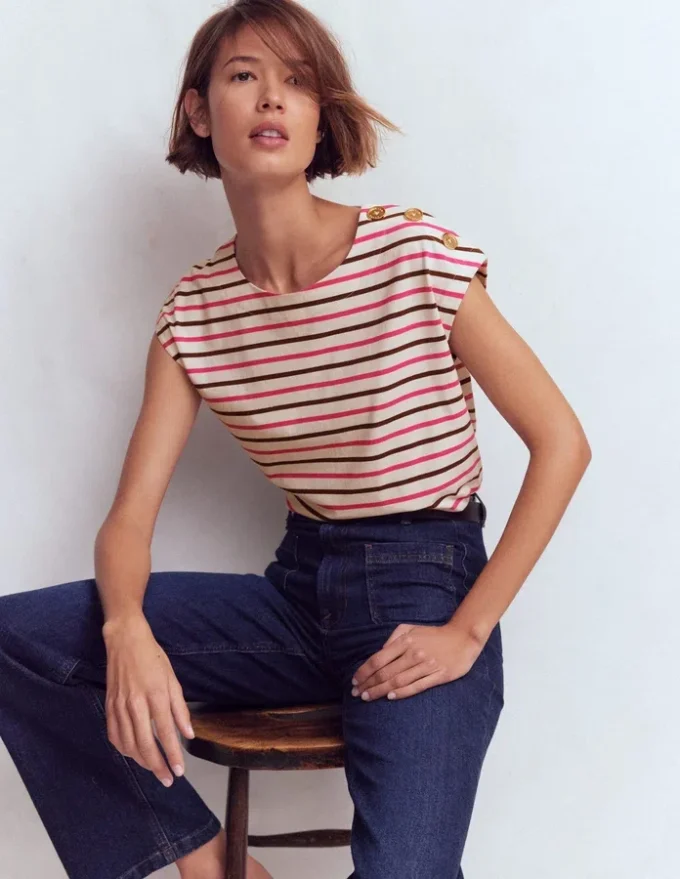 Button Detail T-Shirt Pink Peony, Raw Umber Stripe Button Detail T-Shirt Pink Peony, Raw Umber Stripe