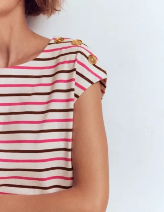 Button Detail T-Shirt Pink Peony, Raw Umber Stripe