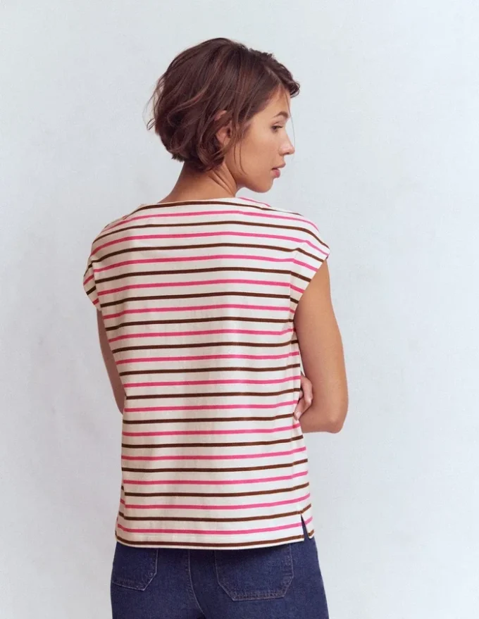 Button Detail T-Shirt Pink Peony, Raw Umber Stripe Button Detail T-Shirt Pink Peony, Raw Umber Stripe