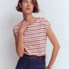 Button Detail T-Shirt Pink Peony, Raw Umber Stripe Button Detail T-Shirt Pink Peony, Raw Umber Stripe