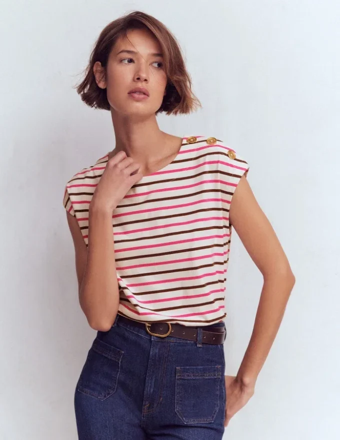 Button Detail T-Shirt Pink Peony, Raw Umber Stripe Button Detail T-Shirt Pink Peony, Raw Umber Stripe