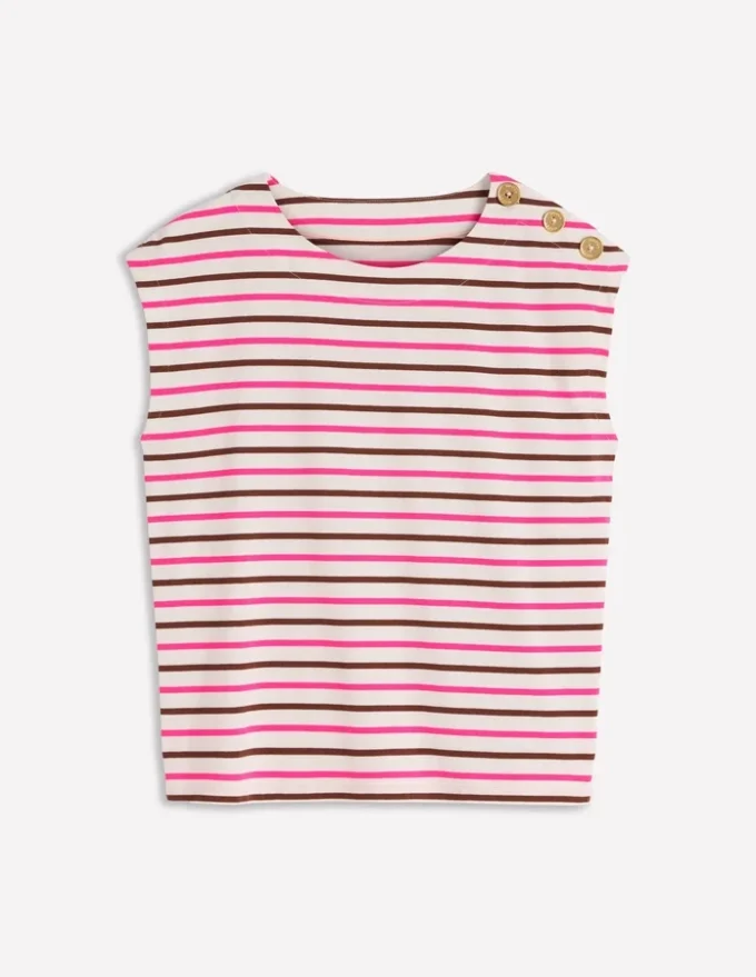 Button Detail T-Shirt Pink Peony, Raw Umber Stripe Button Detail T-Shirt Pink Peony, Raw Umber Stripe