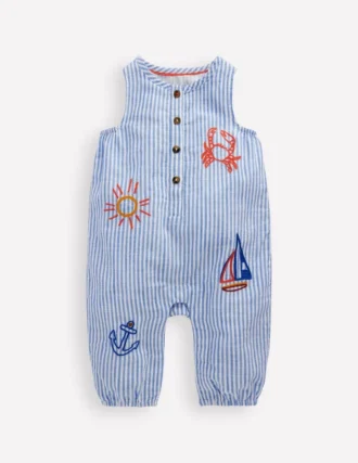 Button Down Romper Glacier Blue Ocean Embroidery