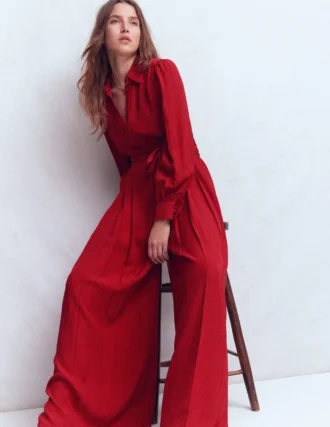 Button Up Palazzo Jumpsuit Red