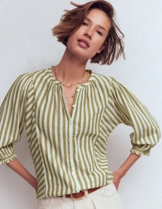 Camille Double Cloth Top Olive, Ivory Fine Stripe