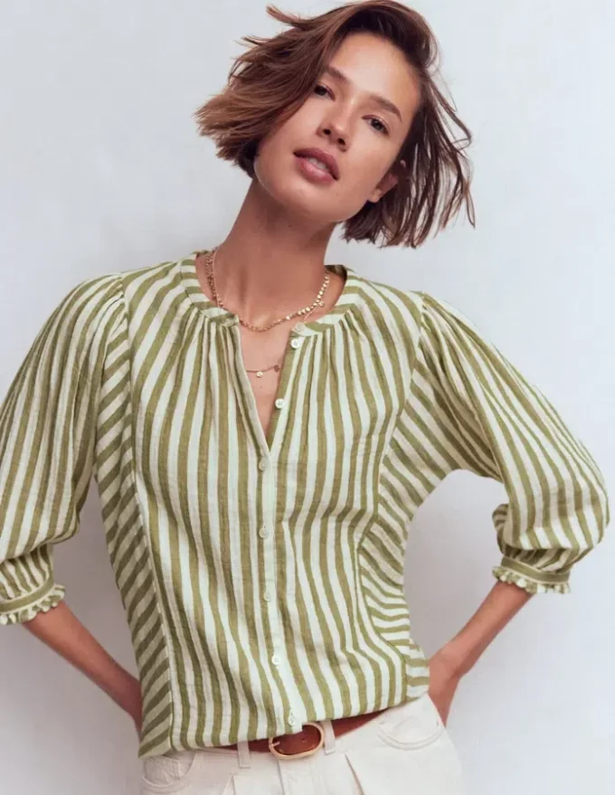 Camille Double Cloth Top Olive, Ivory Fine Stripe Camille Double Cloth Top Olive, Ivory Fine Stripe