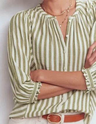 Camille Double Cloth Top Olive, Ivory Fine Stripe