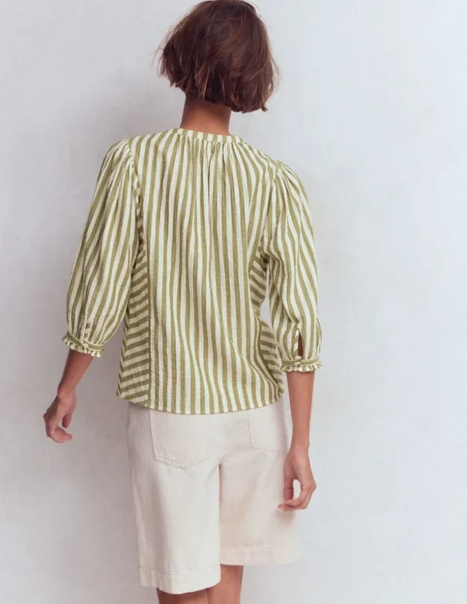 Camille Double Cloth Top Olive, Ivory Fine Stripe Camille Double Cloth Top Olive, Ivory Fine Stripe
