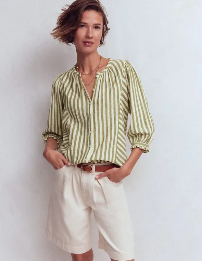 Camille Double Cloth Top Olive, Ivory Fine Stripe Camille Double Cloth Top Olive, Ivory Fine Stripe