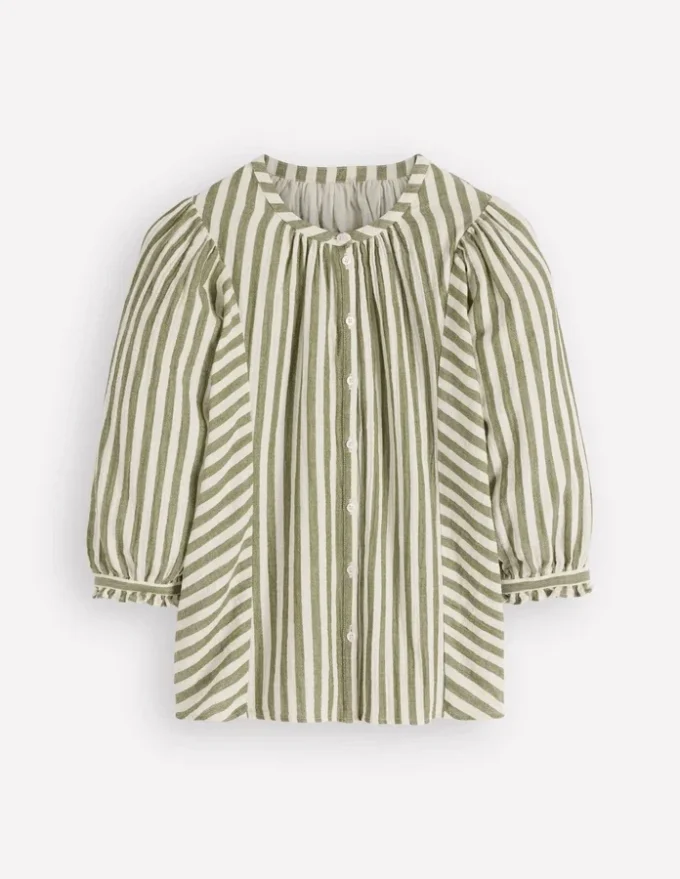 Camille Double Cloth Top Olive, Ivory Fine Stripe Camille Double Cloth Top Olive, Ivory Fine Stripe
