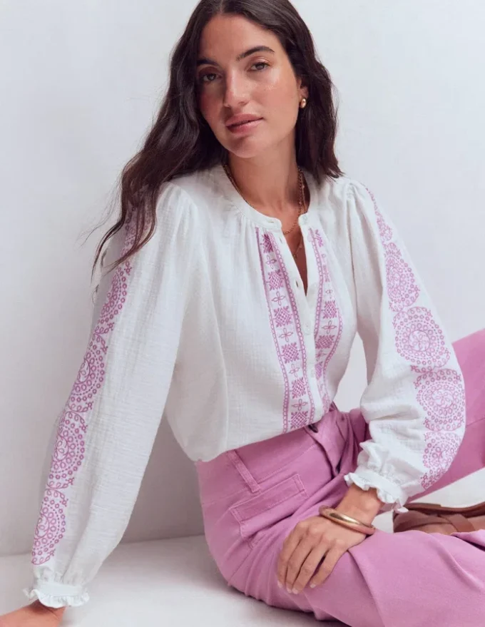 Camille Double Cloth Top White Embroidery Camille Double Cloth Top White Embroidery