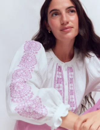Camille Double Cloth Top White Embroidery