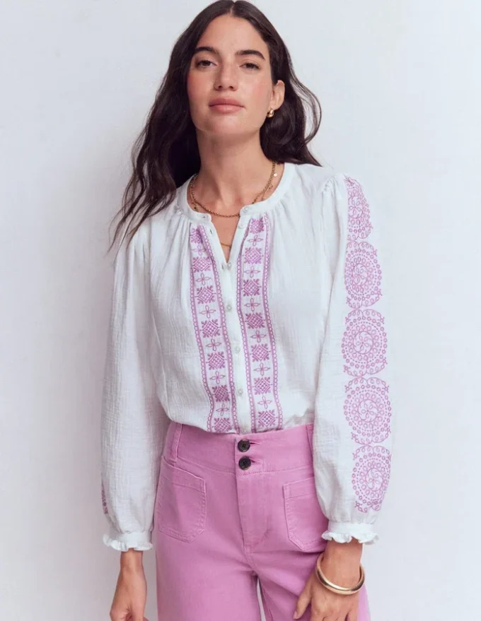 Camille Double Cloth Top White Embroidery Camille Double Cloth Top White Embroidery