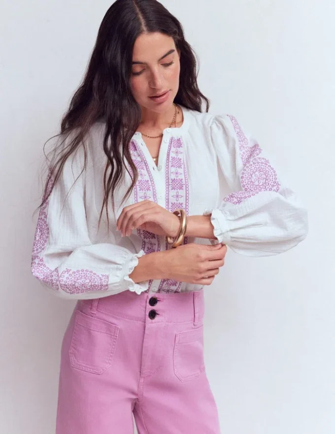 Camille Double Cloth Top White Embroidery Camille Double Cloth Top White Embroidery