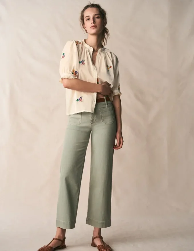 Camille Embroidered Cotton Top Ivory Floral Embroidery