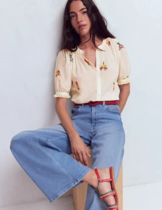 Camille Embroidered Cotton Top Ivory Floral Embroidery
