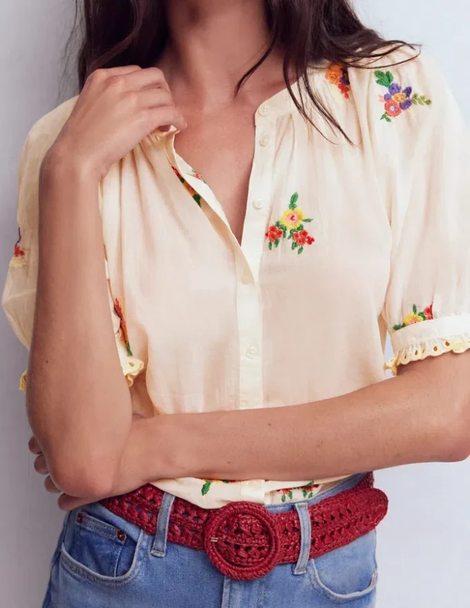 Camille Embroidered Cotton Top Ivory Floral Embroidery