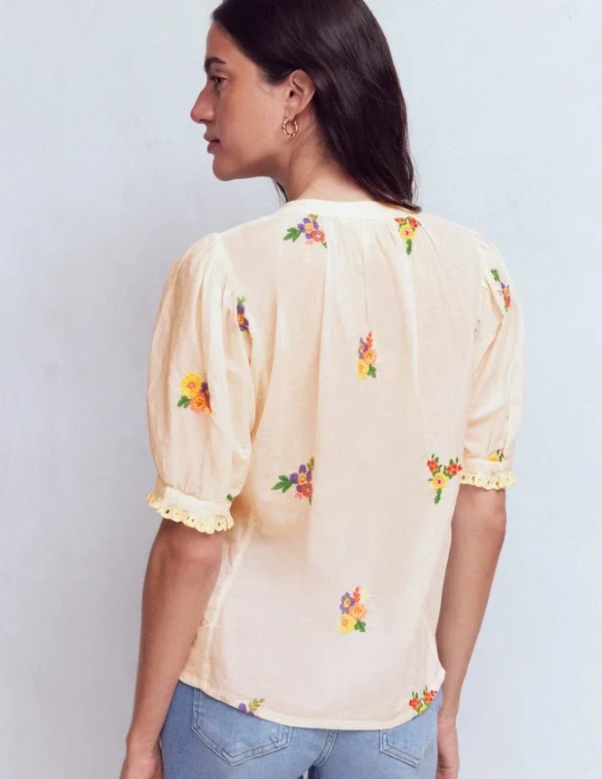 Camille Embroidered Cotton Top Ivory Floral Embroidery
