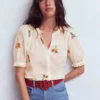 Camille Embroidered Cotton Top Ivory Floral Embroidery