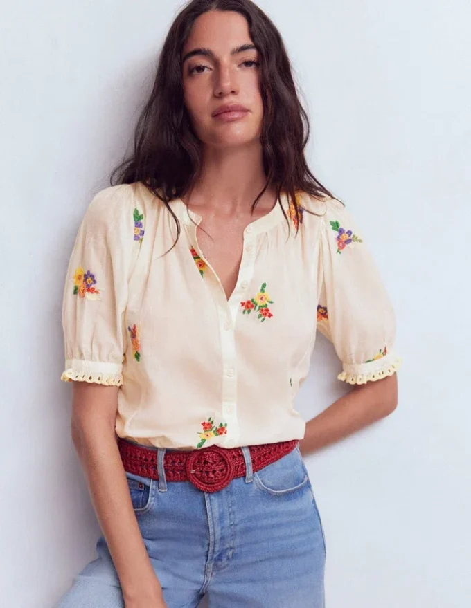 Camille Embroidered Cotton Top Ivory Floral Embroidery