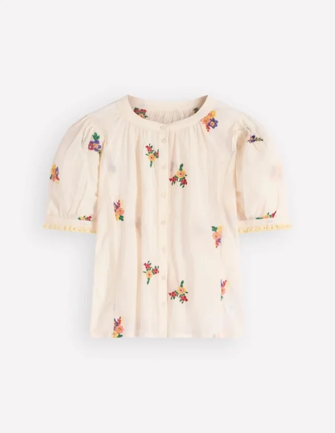 Camille Embroidered Cotton Top Ivory Floral Embroidery
