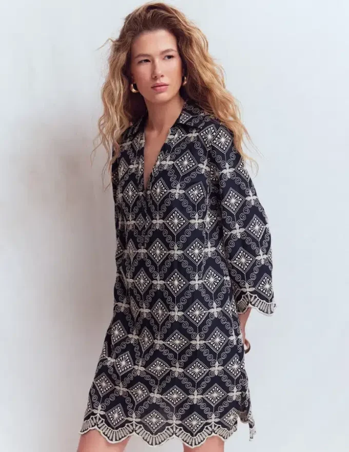 Carmen Broderie Short Dress Navy Broderie