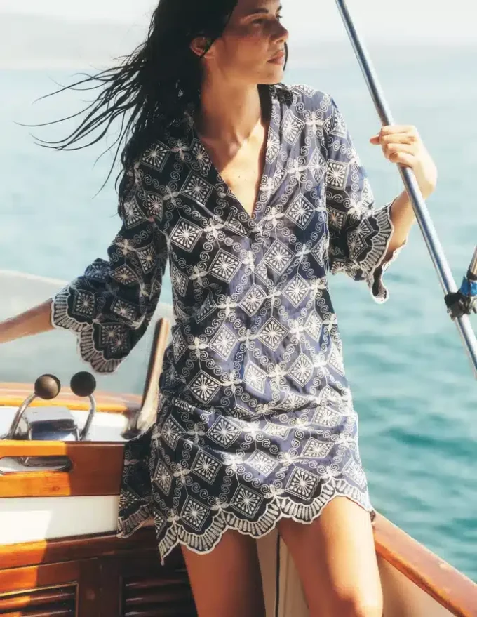Carmen Broderie Short Dress Navy Broderie