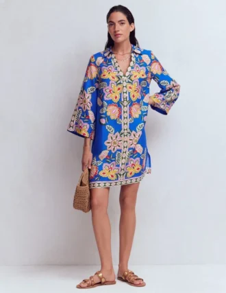Carmen Linen Short Dress Blue Blossom Elegance