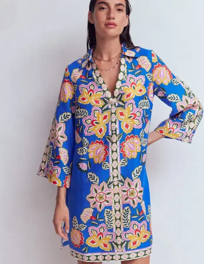 Carmen Linen Short Dress Blue Blossom Elegance Carmen Linen Short Dress Blue Blossom Elegance