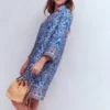 Carmen Linen Short Dress Bright Blue, Elaborate Terrace Carmen Linen Short Dress Bright Blue, Elaborate Terrace