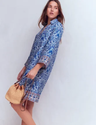 Carmen Linen Short Dress Bright Blue, Elaborate Terrace