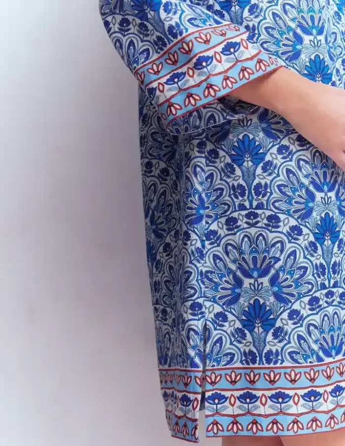 Carmen Linen Short Dress Bright Blue, Elaborate Terrace Carmen Linen Short Dress Bright Blue, Elaborate Terrace