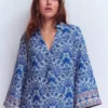 Carmen Linen Short Dress Bright Blue, Elaborate Terrace Carmen Linen Short Dress Bright Blue, Elaborate Terrace