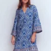 Carmen Linen Short Dress Bright Blue, Elaborate Terrace Carmen Linen Short Dress Bright Blue, Elaborate Terrace