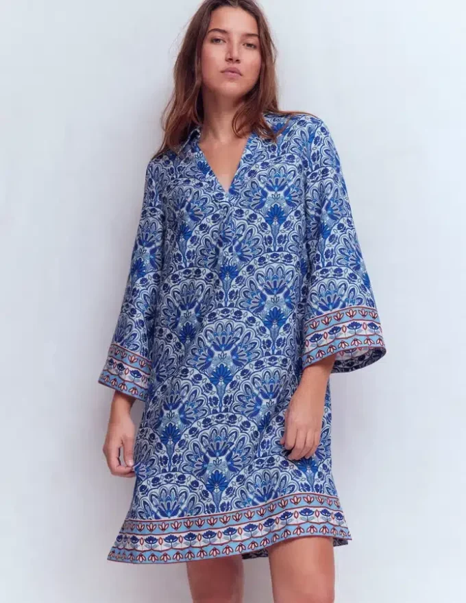 Carmen Linen Short Dress Bright Blue, Elaborate Terrace Carmen Linen Short Dress Bright Blue, Elaborate Terrace