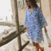 Carmen Linen Short Dress Bright Blue, Elaborate Terrace Carmen Linen Short Dress Bright Blue, Elaborate Terrace