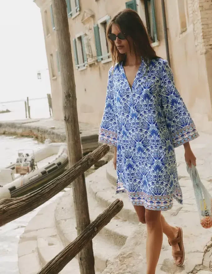 Carmen Linen Short Dress Bright Blue, Elaborate Terrace Carmen Linen Short Dress Bright Blue, Elaborate Terrace
