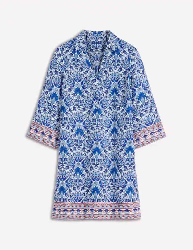 Carmen Linen Short Dress Bright Blue, Elaborate Terrace Carmen Linen Short Dress Bright Blue, Elaborate Terrace