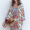 Carmen Linen Short Dress Multi, Ornamental Trellis Carmen Linen Short Dress Multi, Ornamental Trellis