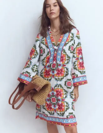 Carmen Linen Short Dress Multi, Ornamental Trellis
