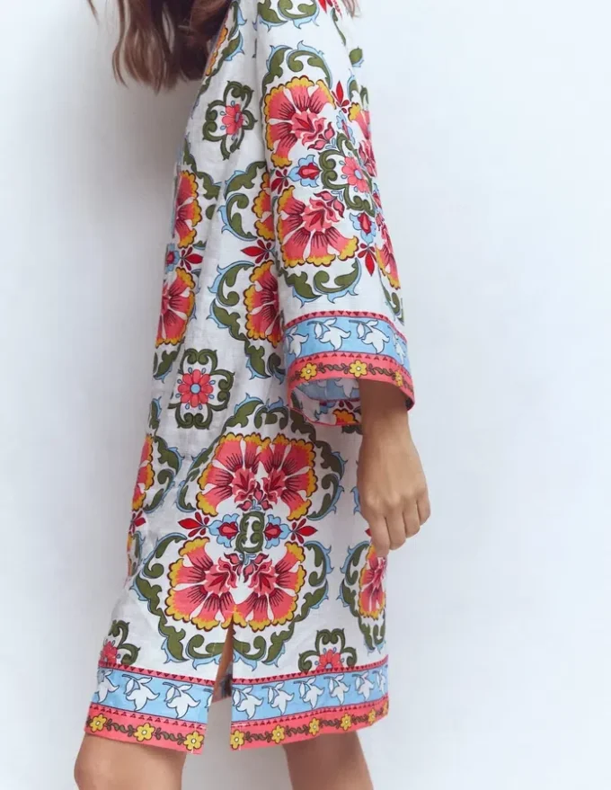 Carmen Linen Short Dress Multi, Ornamental Trellis Carmen Linen Short Dress Multi, Ornamental Trellis