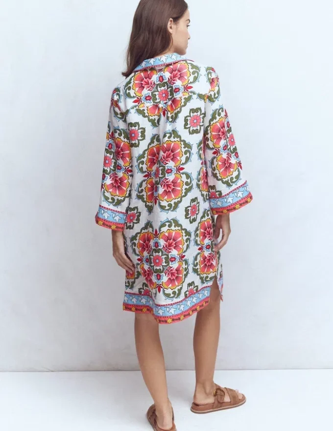 Carmen Linen Short Dress Multi, Ornamental Trellis Carmen Linen Short Dress Multi, Ornamental Trellis