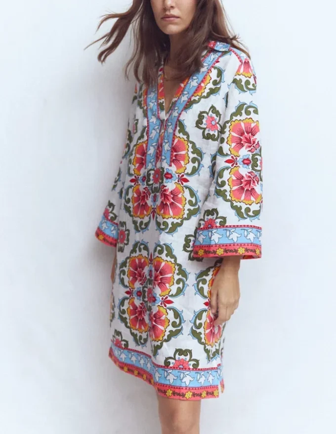 Carmen Linen Short Dress Multi, Ornamental Trellis Carmen Linen Short Dress Multi, Ornamental Trellis